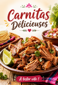 Carnitas délicieuses servies dans des tortillas croustillantes avec des garnitures colorées.
