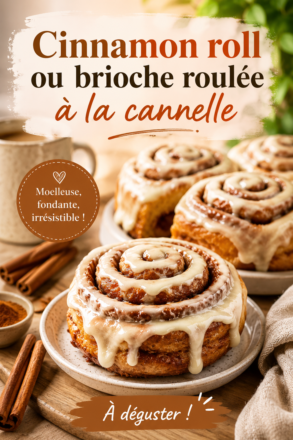 Cinnamon rolls dorés avec glaçage crémeux sur un plateau, prêts à être dégustés.