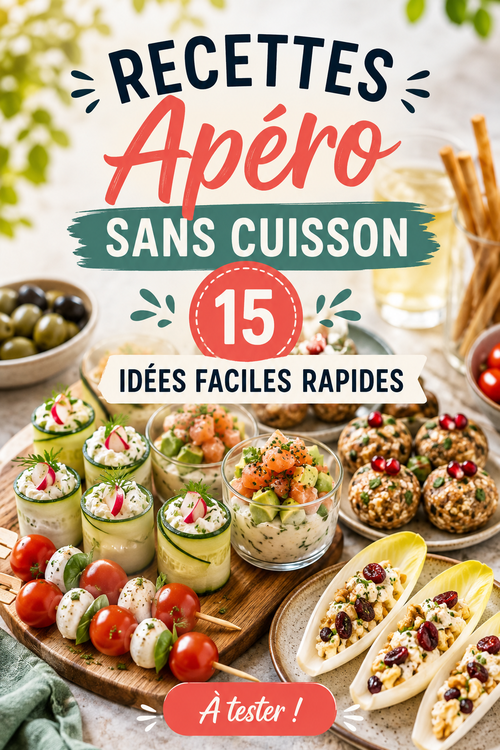 Un plateau d'apéritifs colorés sans cuisson, prêt à être servi.