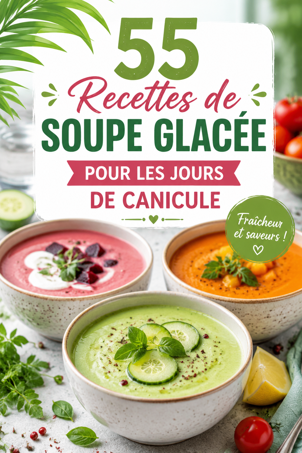 Plat de soupes glacées colorées sur une table d'été.