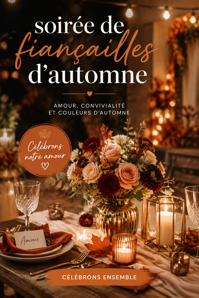 Soirée de fiançailles automnale avec des décorations en feuilles et citrouilles.