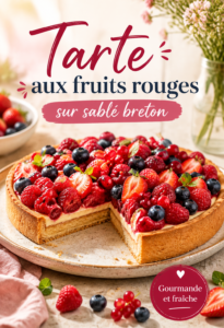 Une tarte aux fruits rouges sur sablé breton présentée avec des fruits frais sur le dessus.