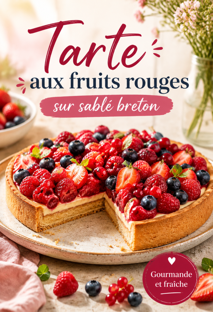 Une tarte aux fruits rouges sur sablé breton présentée avec des fruits frais sur le dessus.