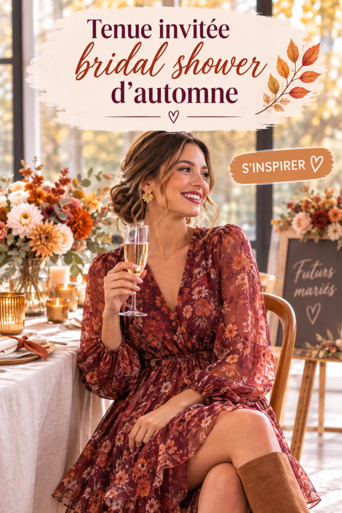 Femme portant une belle tenue d'automne pour un bridal shower, avec des couleurs chaudes.