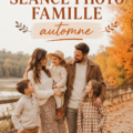 Famille posant ensemble en tenues automnales sur un fond de feuillage