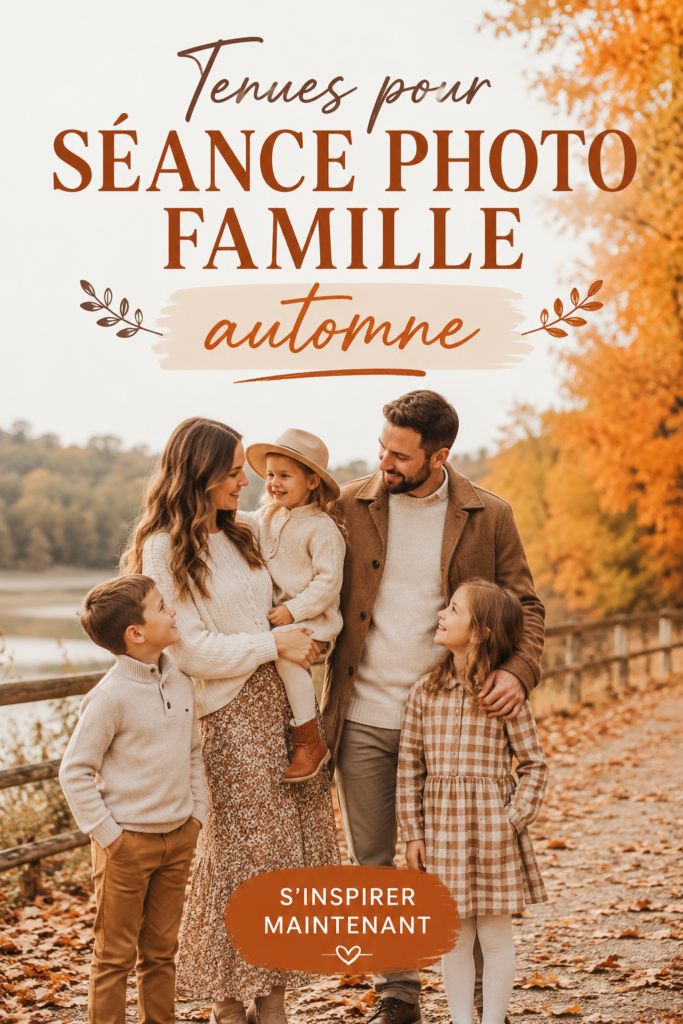 Famille posant ensemble en tenues automnales sur un fond de feuillage
