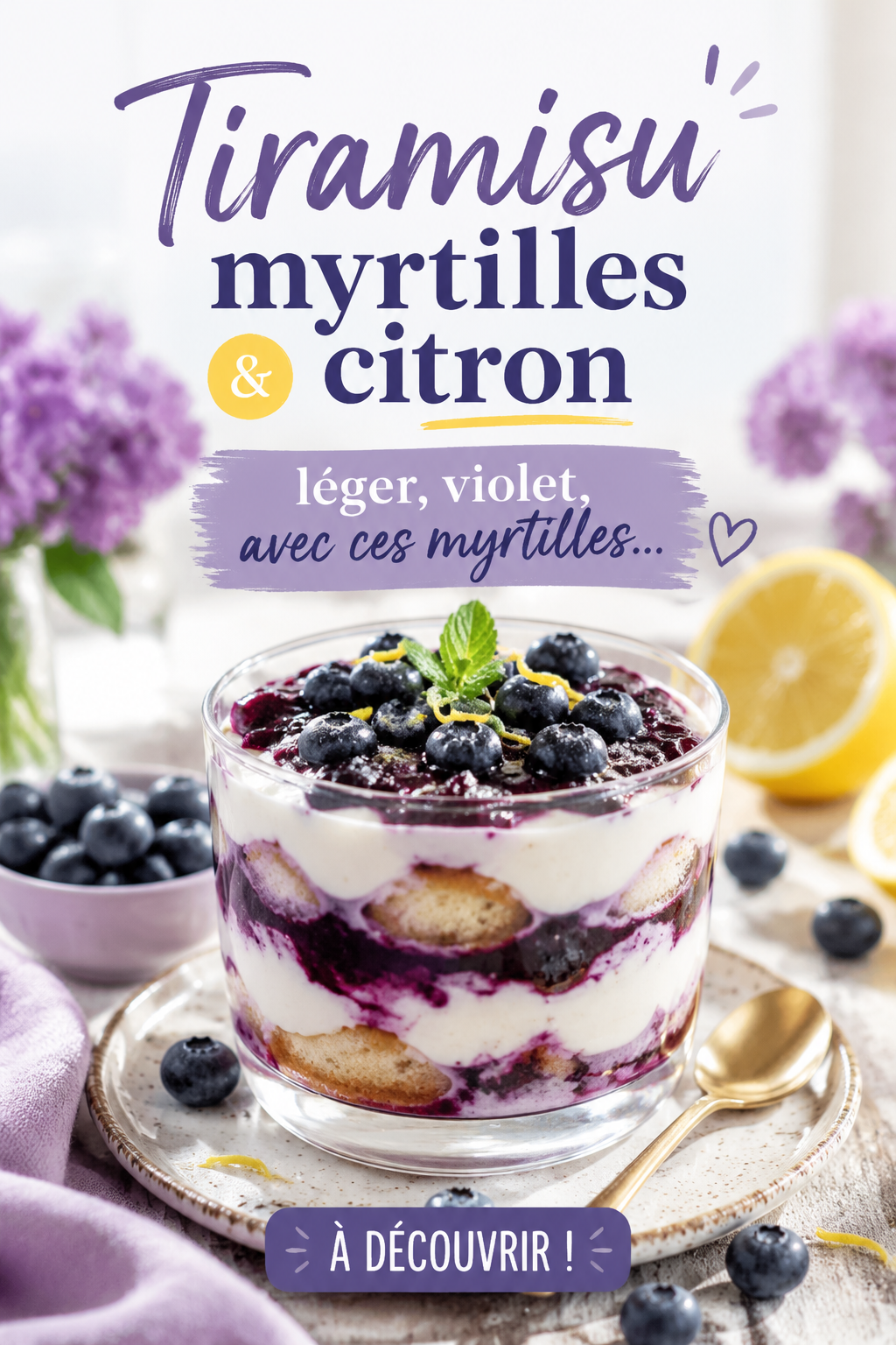Tiramisu léger aux myrtilles et citron présenté dans une belle assiette.