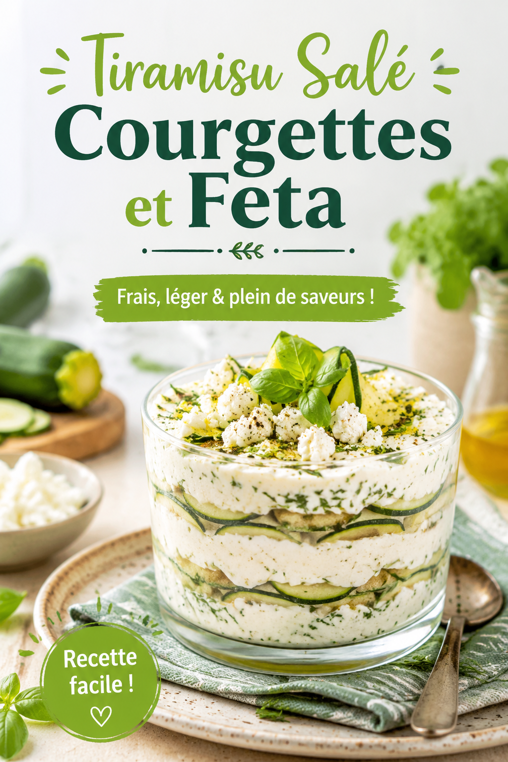 Tiramisu salé aux courgettes et feta présenté en portions individuelles