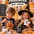 Enfants créant des décorations d'Halloween avec des matériaux colorés.