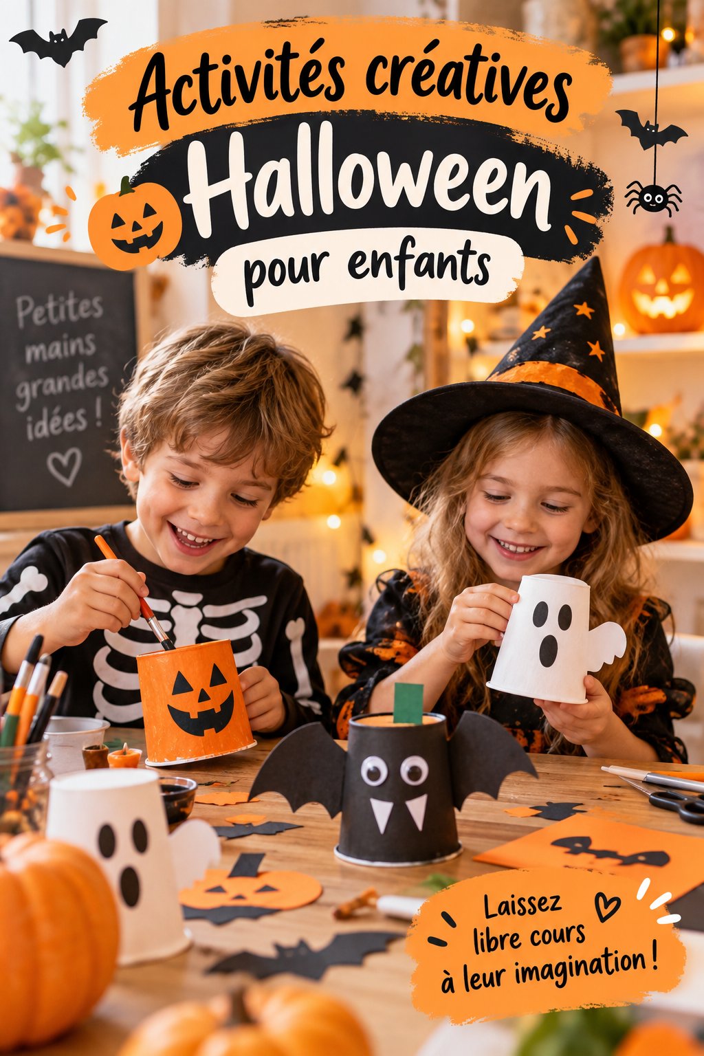 Enfants créant des décorations d'Halloween avec des matériaux colorés.