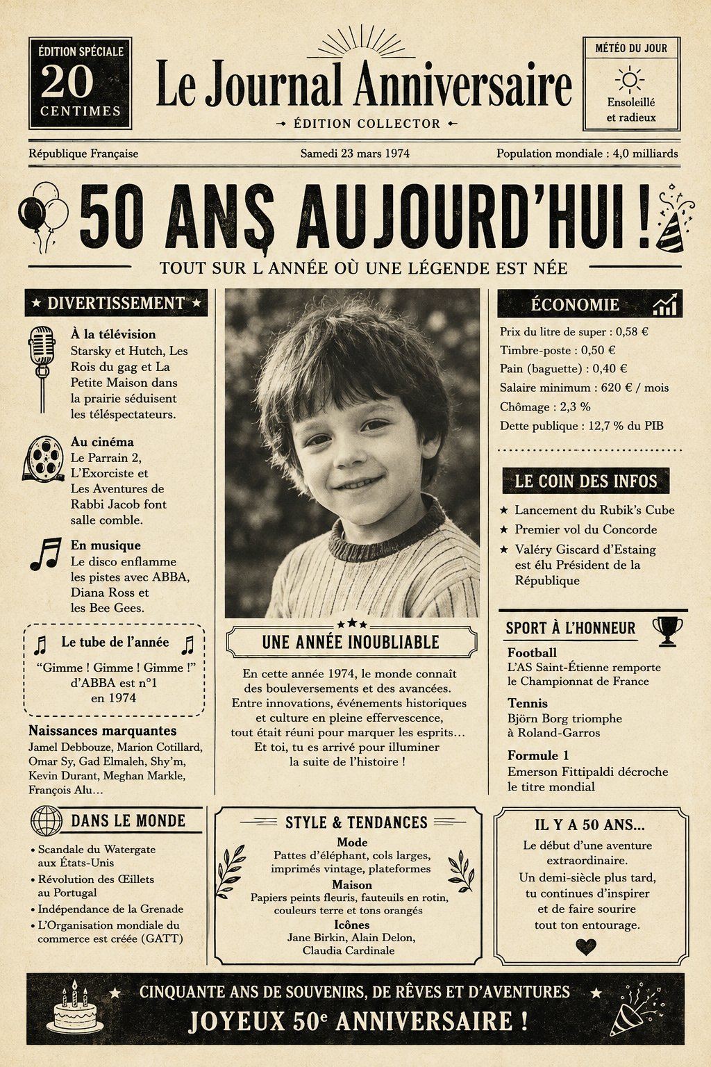 Affiche personnalisée d'anniversaire pour le 50e anniversaire avec des photos et souvenirs mémorables