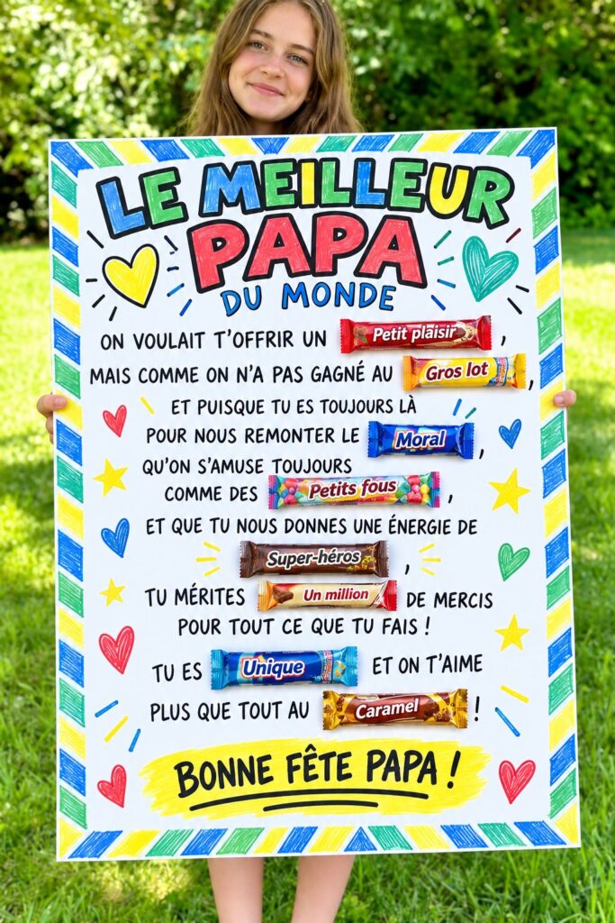 Exemple d'affiche sucrée pour la fête des pères avec des bonbons colorés et un message tendre.
