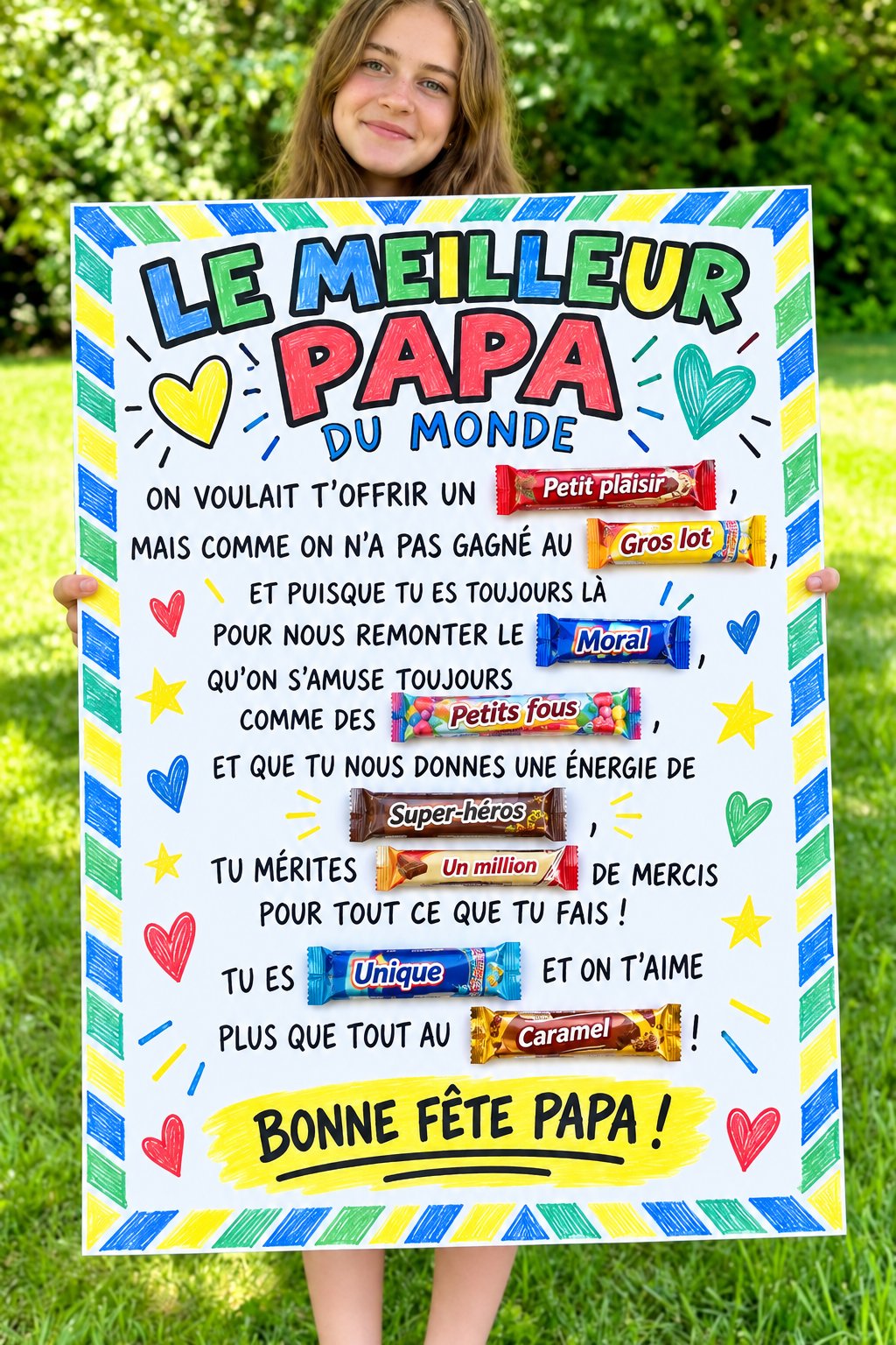 Exemple d'affiche sucrée pour la fête des pères avec des bonbons colorés et un message tendre.