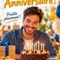 Une table décorée pour un anniversaire d'homme, avec un gâteau et des ballons colorés.