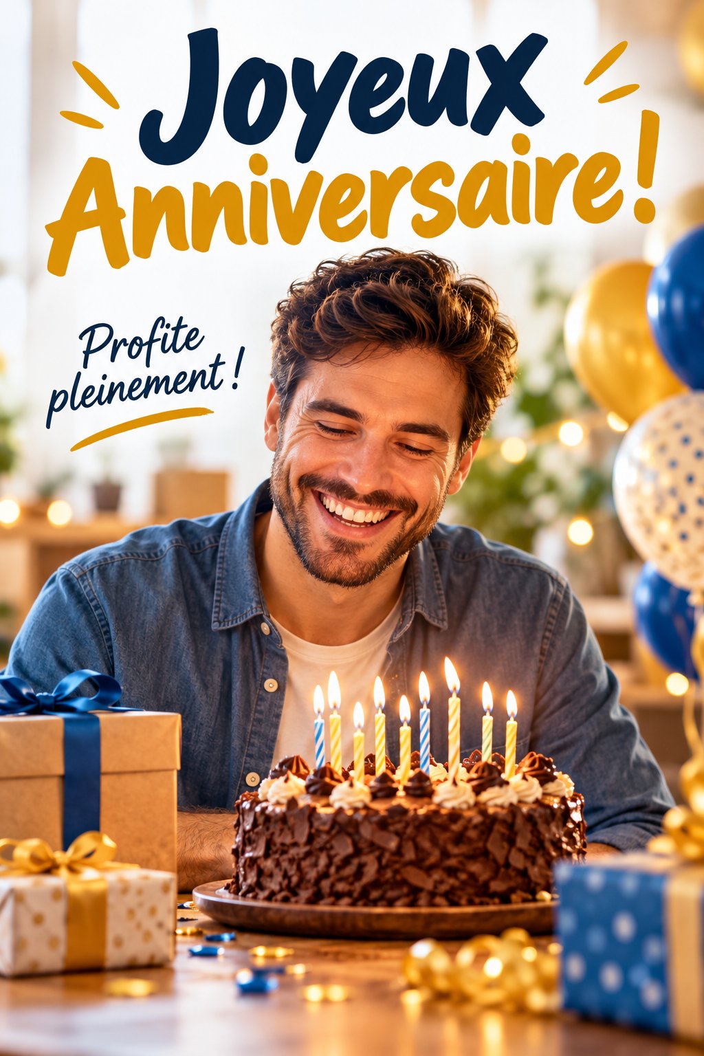 Une table décorée pour un anniversaire d'homme, avec un gâteau et des ballons colorés.