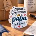 Autocollant coloré 'Joyeux anniversaire papa' sur fond festif
