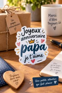 Autocollant coloré 'Joyeux anniversaire papa' sur fond festif