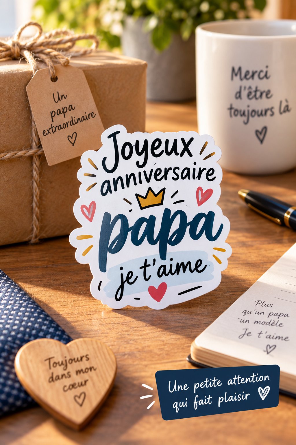 Autocollant coloré 'Joyeux anniversaire papa' sur fond festif