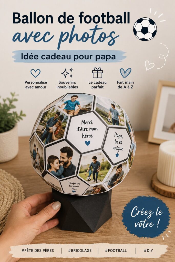 Ballon de foot décoré de photos pour un cadeau personnalisé à papa.