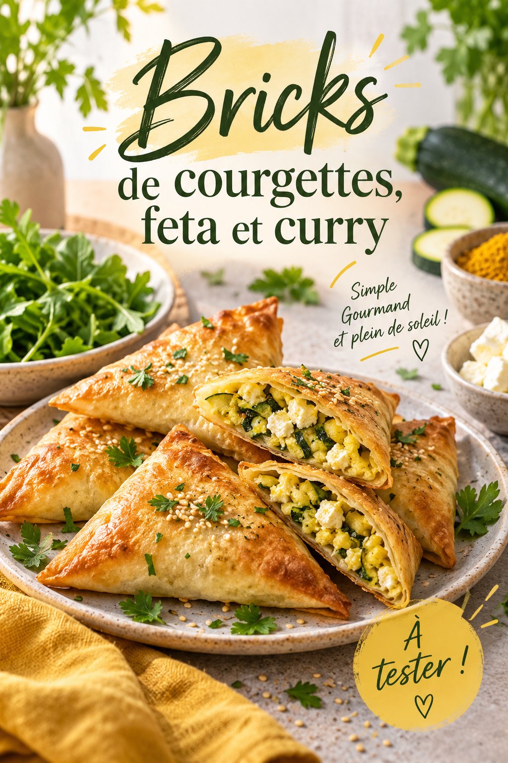 Bricks de courgettes, feta et curry dorées et croustillantes sur une assiette