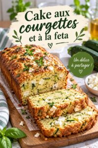 Un délicieux cake aux courgettes et à la feta, moelleux et doré, prêt à être dégusté.