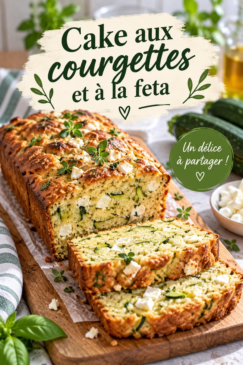 Un délicieux cake aux courgettes et à la feta, moelleux et doré, prêt à être dégusté.
