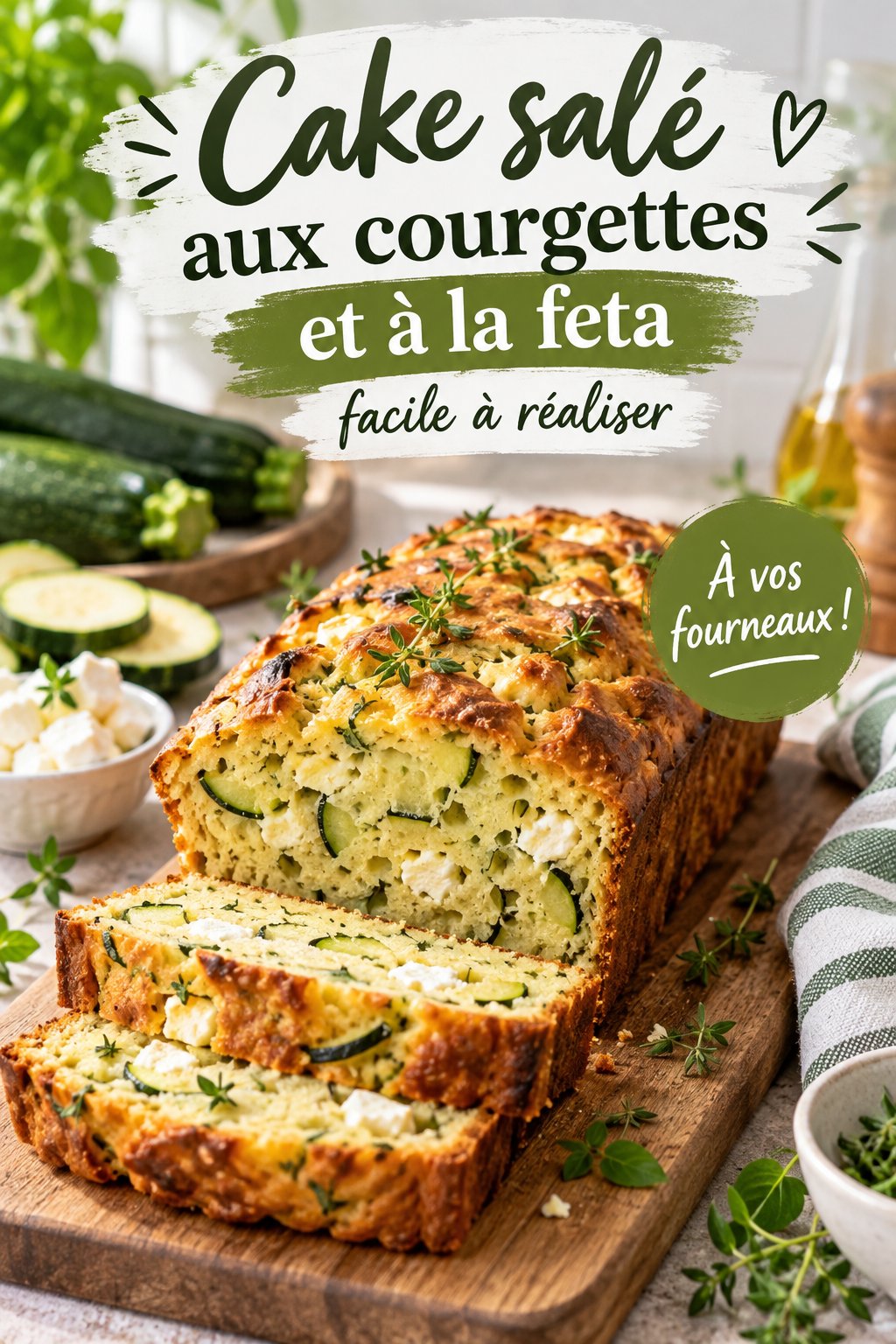 Un cake salé aux courgettes et feta sur une table de fête, prêt à être dégusté