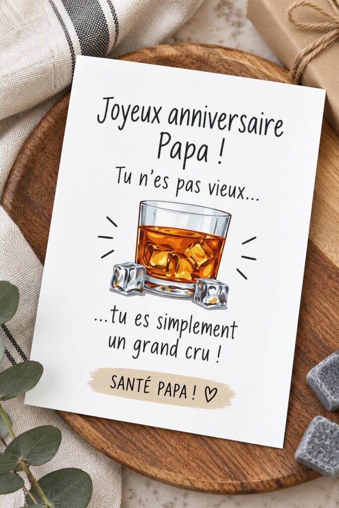 Carte d'anniversaire humoristique pour un père amateur de whisky, blanche et colorée avec des motifs amusants.