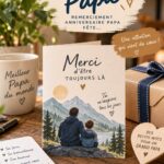 Carte personnalisée de remerciement pour un père, décorée de motifs colorés.