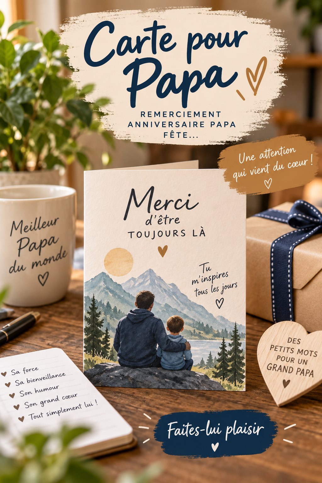 Carte personnalisée de remerciement pour un père, décorée de motifs colorés.