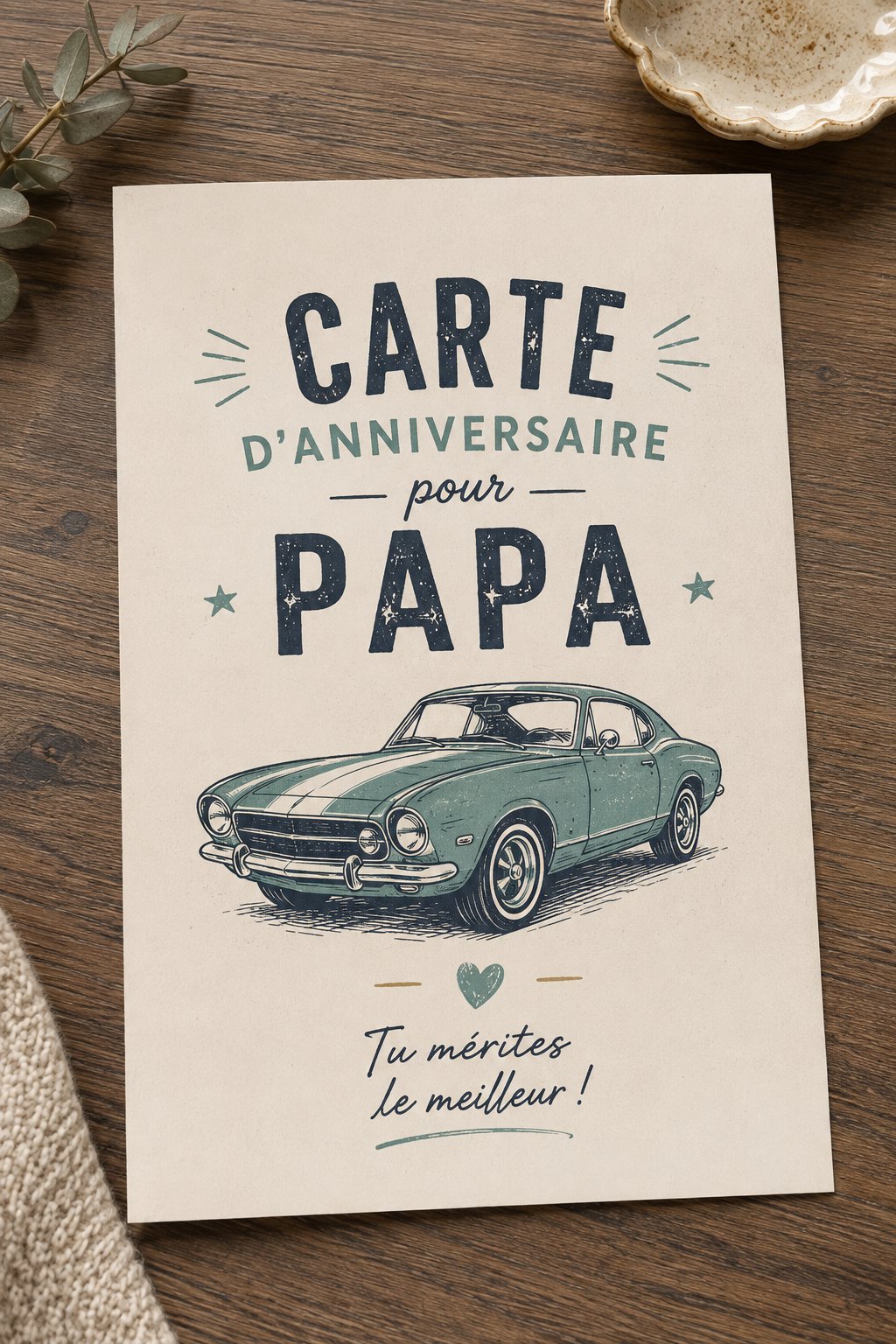 Une belle carte d'anniversaire faite main pour papa sur une table décorée.