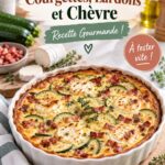 Clafoutis aux courgettes, lardons et chèvre, servi dans un plat traditionnel.