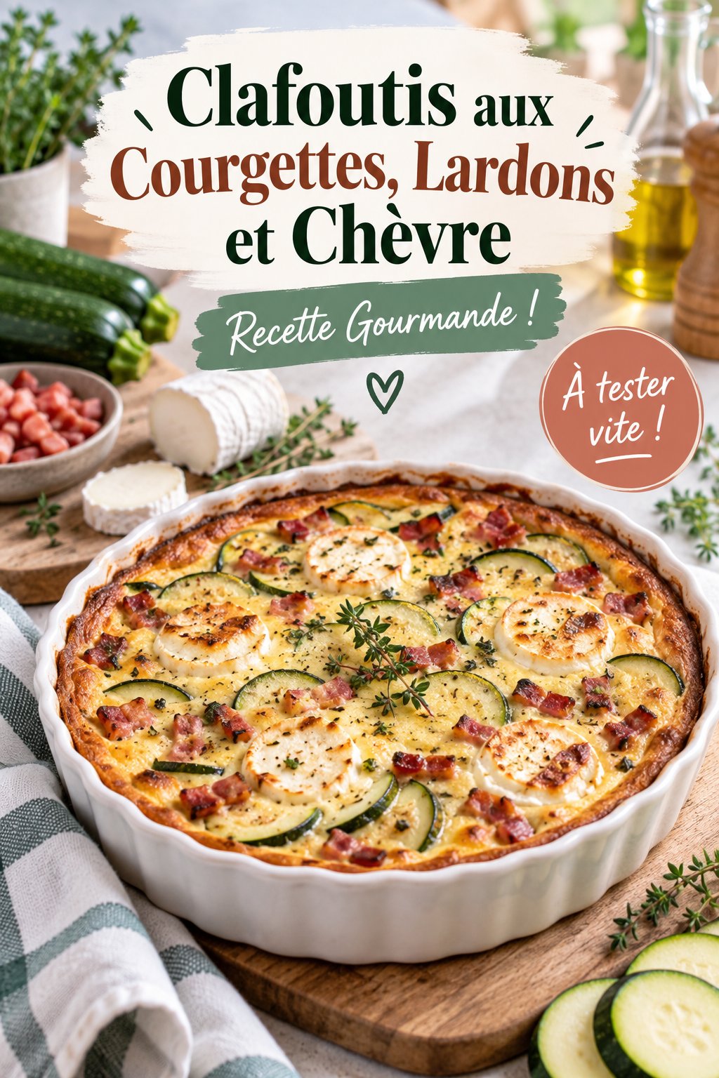 Clafoutis aux courgettes, lardons et chèvre, servi dans un plat traditionnel.