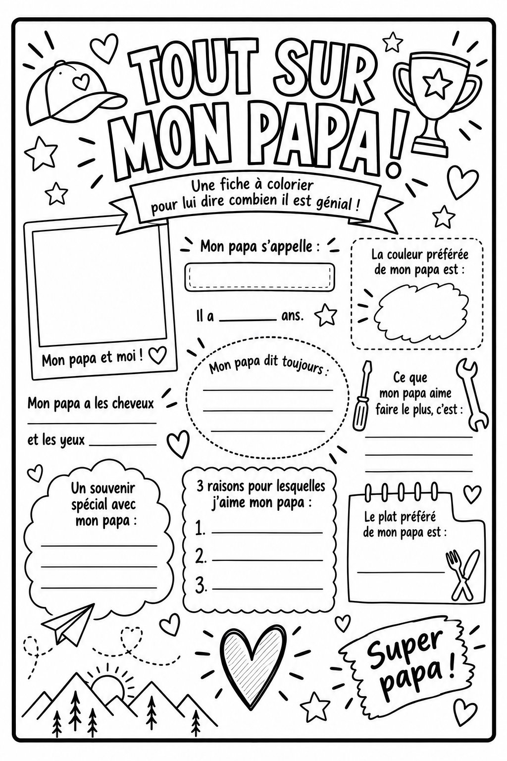 Un enfant colorie une page dédiée à son père avec des crayons