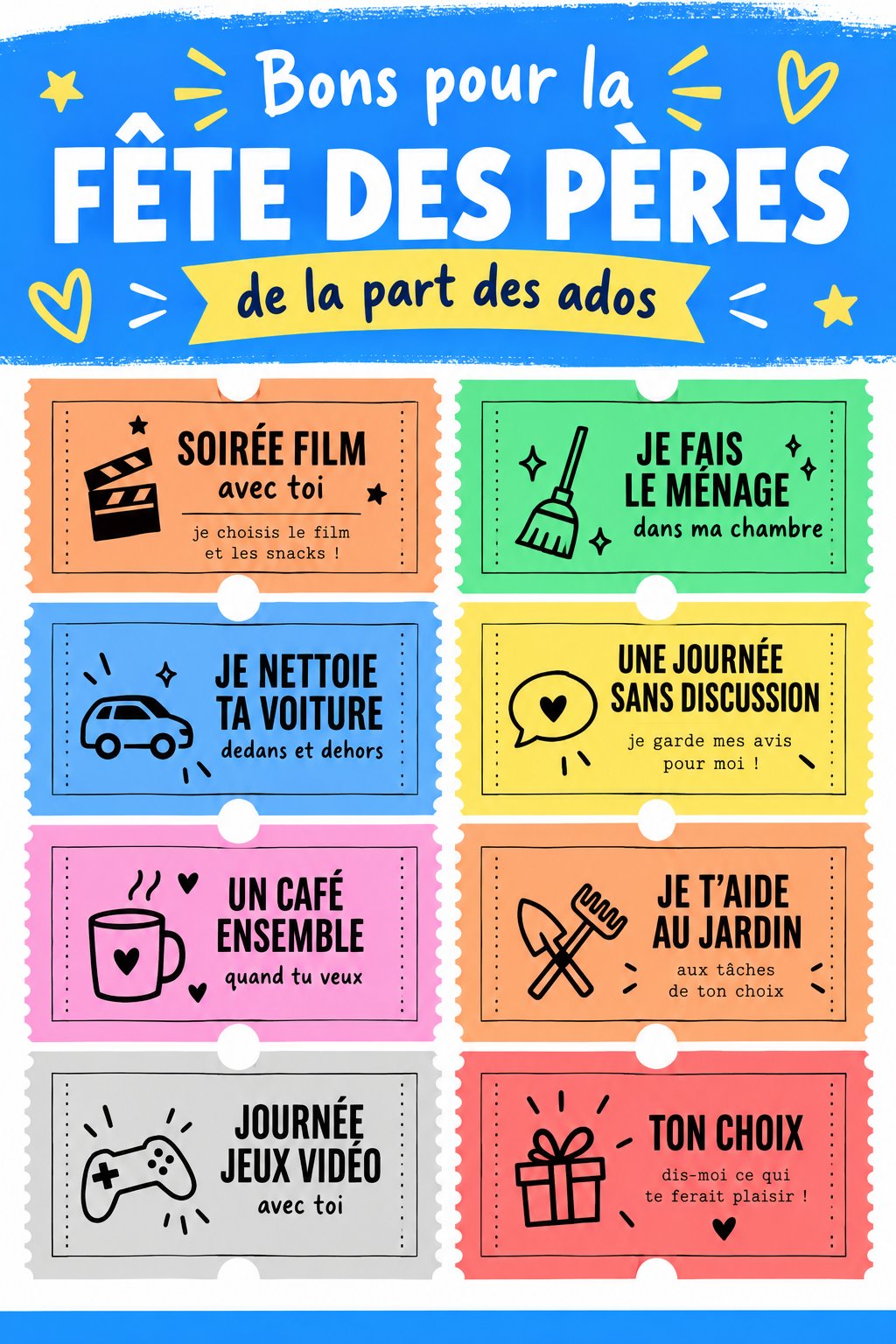 Coupon fait maison pour la fête des pères, décoré avec des dessins