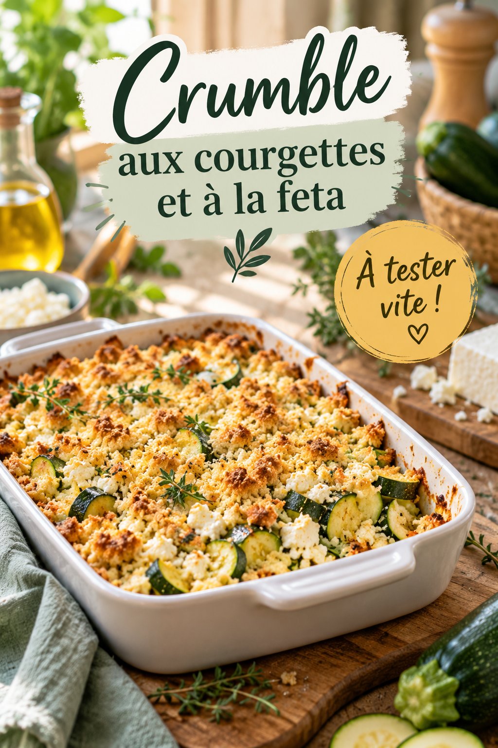Crumble savoureux aux courgettes et feta, prêt à être servi