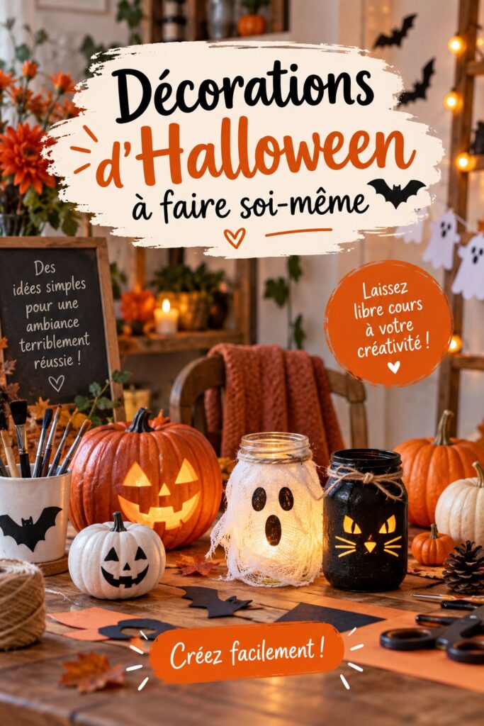 Des décorations d'Halloween DIY créées avec des matériaux recyclés, incluant des citrouilles et des fantômes en papier.