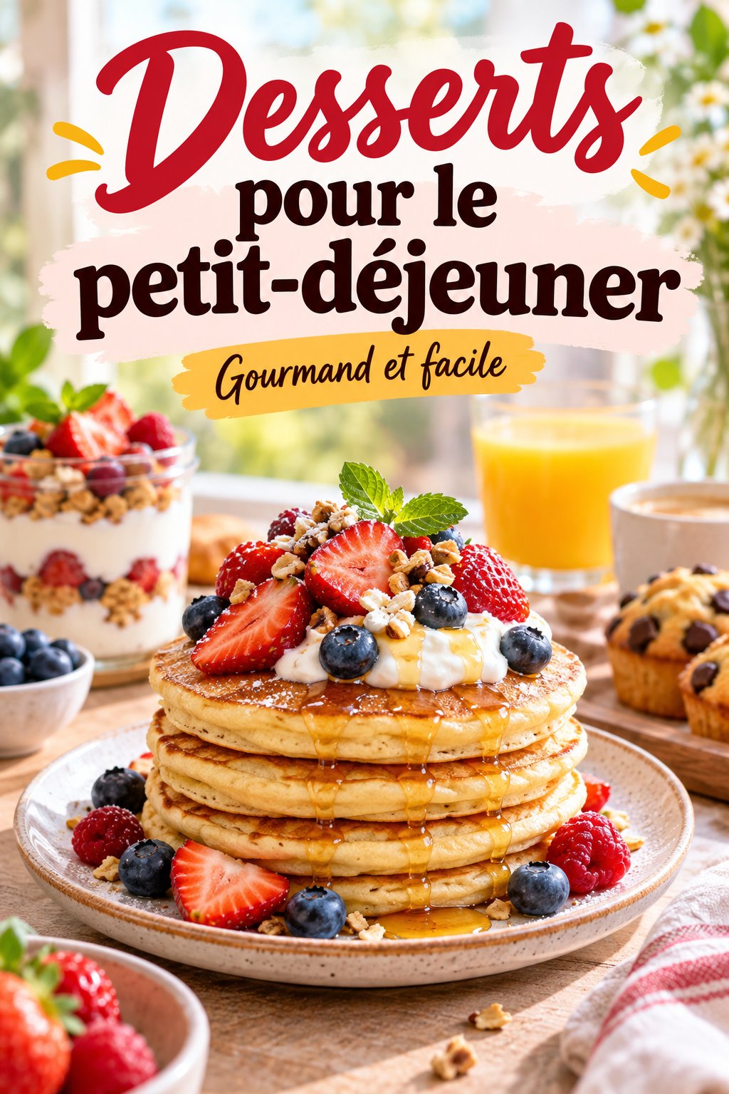 Assortiment de desserts gourmands pour le petit-déjeuner sur une table en bois
