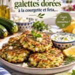 Galettes croustillantes de courgette et feta sur une assiette avec une sauce
