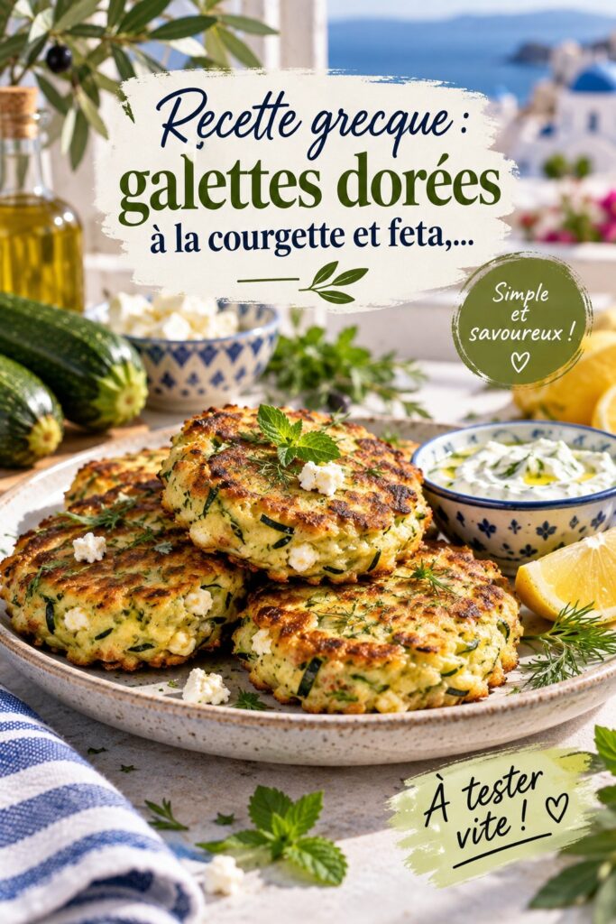 Galettes croustillantes de courgette et feta sur une assiette avec une sauce