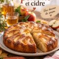 Gâteau moelleux aux pommes et cidre sur une table décorée.