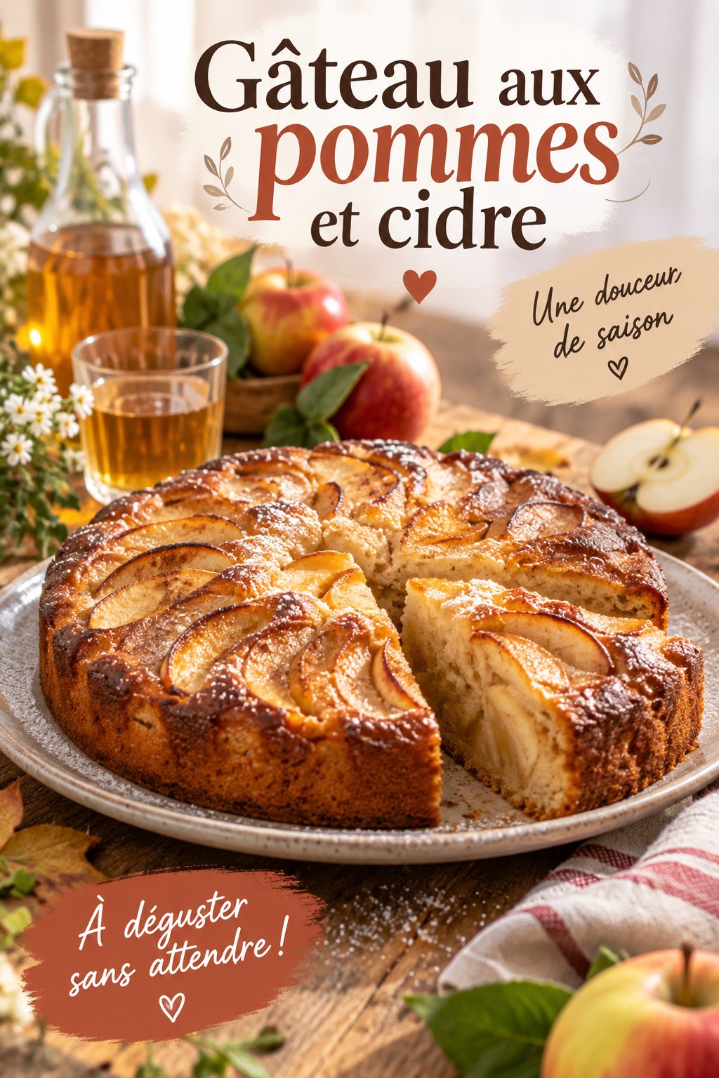 Gâteau moelleux aux pommes et cidre sur une table décorée.