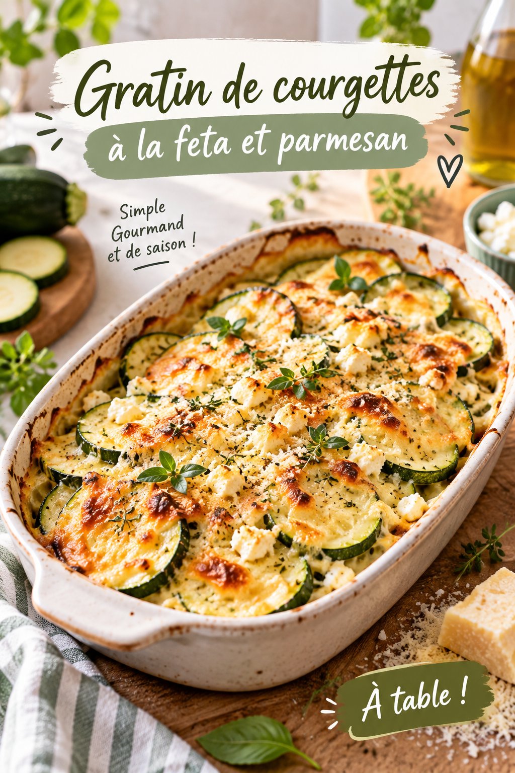 Gratin de courgettes à la feta et parmesan bien doré, prêt à servir.
