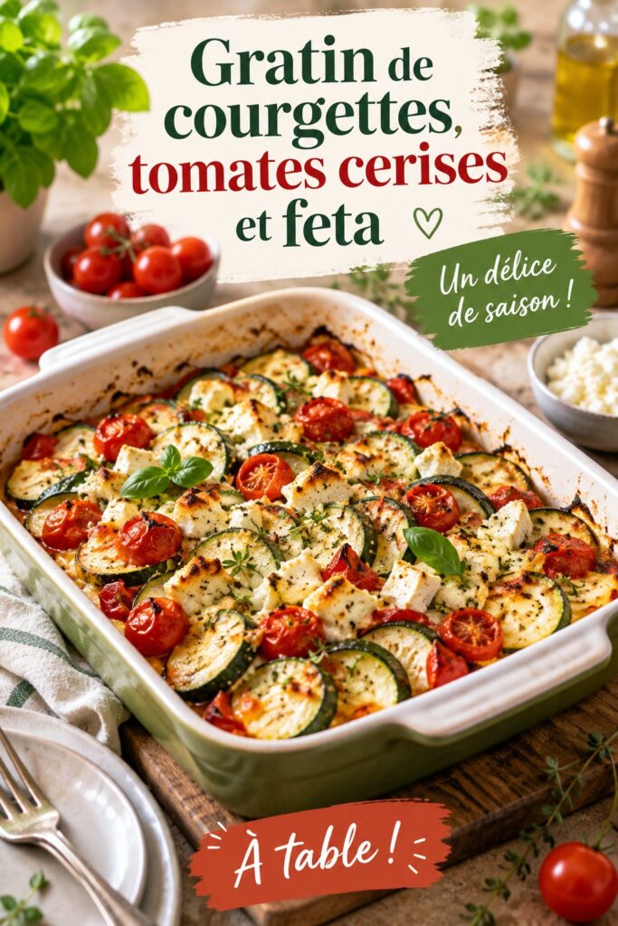 Gratin de courgettes et tomates cerises au feta, plat coloré et savoureux à partager