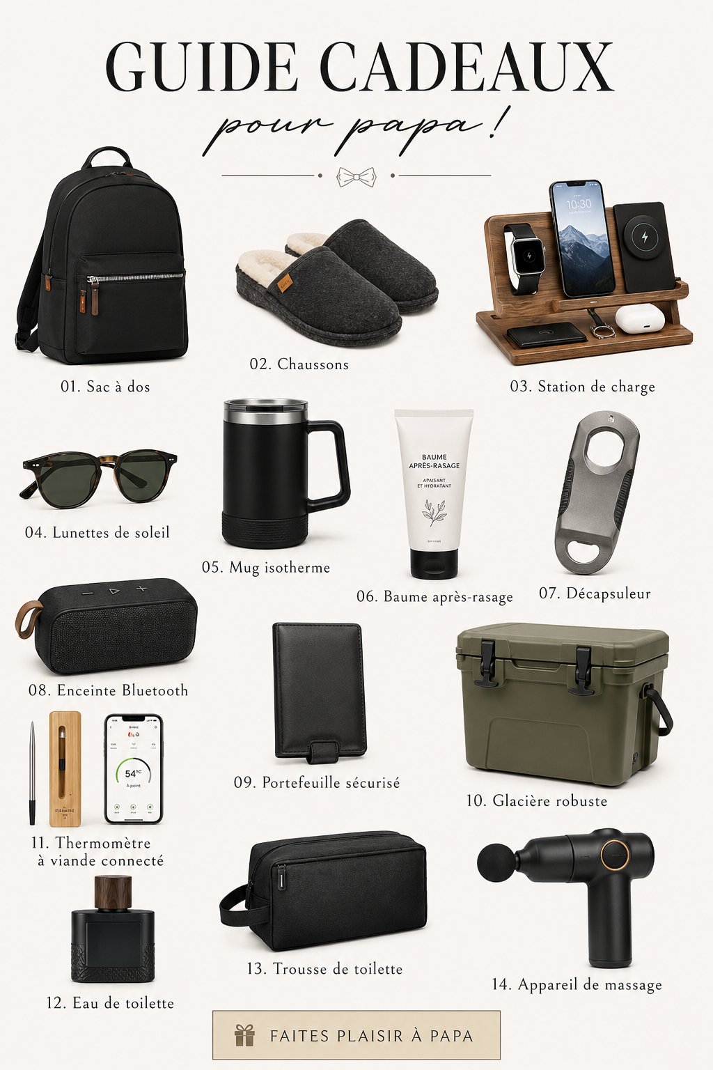 Un guide de cadeaux pour les papas avec différentes options comme des gadgets et des expériences
