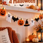 Guirlande d'Halloween colorée et effrayante décorant une maison.