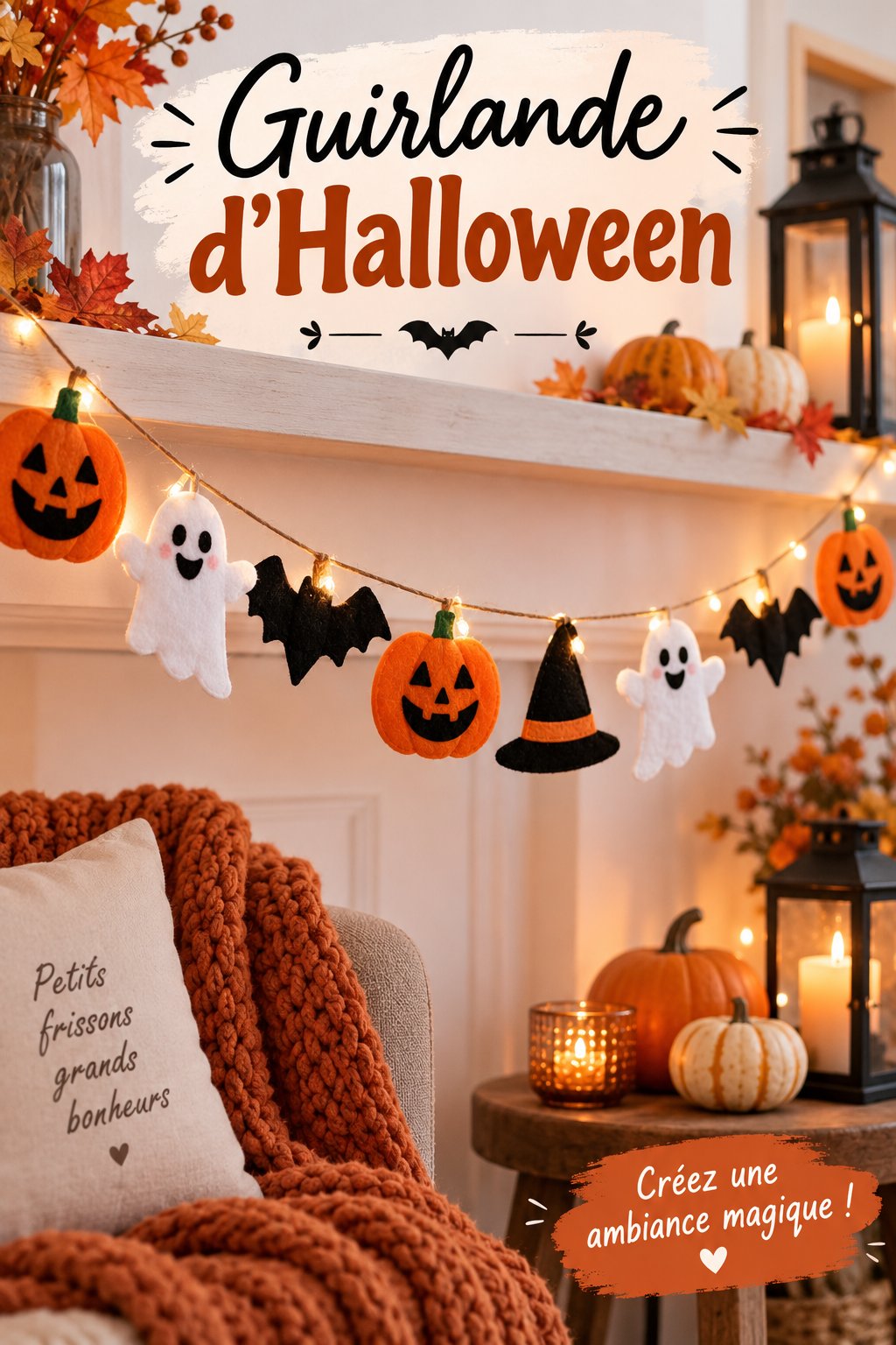 Guirlande d'Halloween colorée et effrayante décorant une maison.