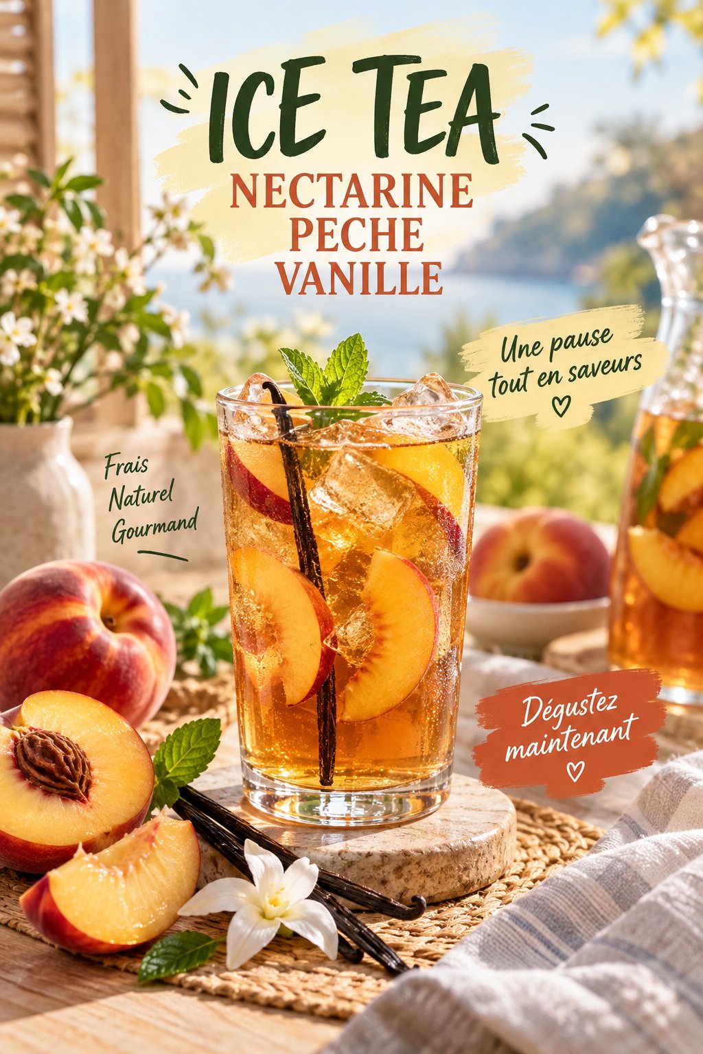 Glace à thé nectarinipeché dans un verre avec des fruits frais