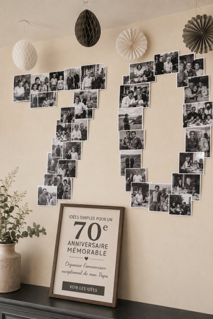 Fête d'anniversaire joyeuse en l'honneur du 70e anniversaire d'un père entouré de famille et d'amis.
