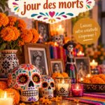 Décoration colorée pour le Jour des Morts avec des fleurs et des bougies.